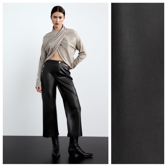 NWOT. Zara Black Faux Leather High Waist Pants with Gold False Buttons. Size 6. - Picture 1 of 12